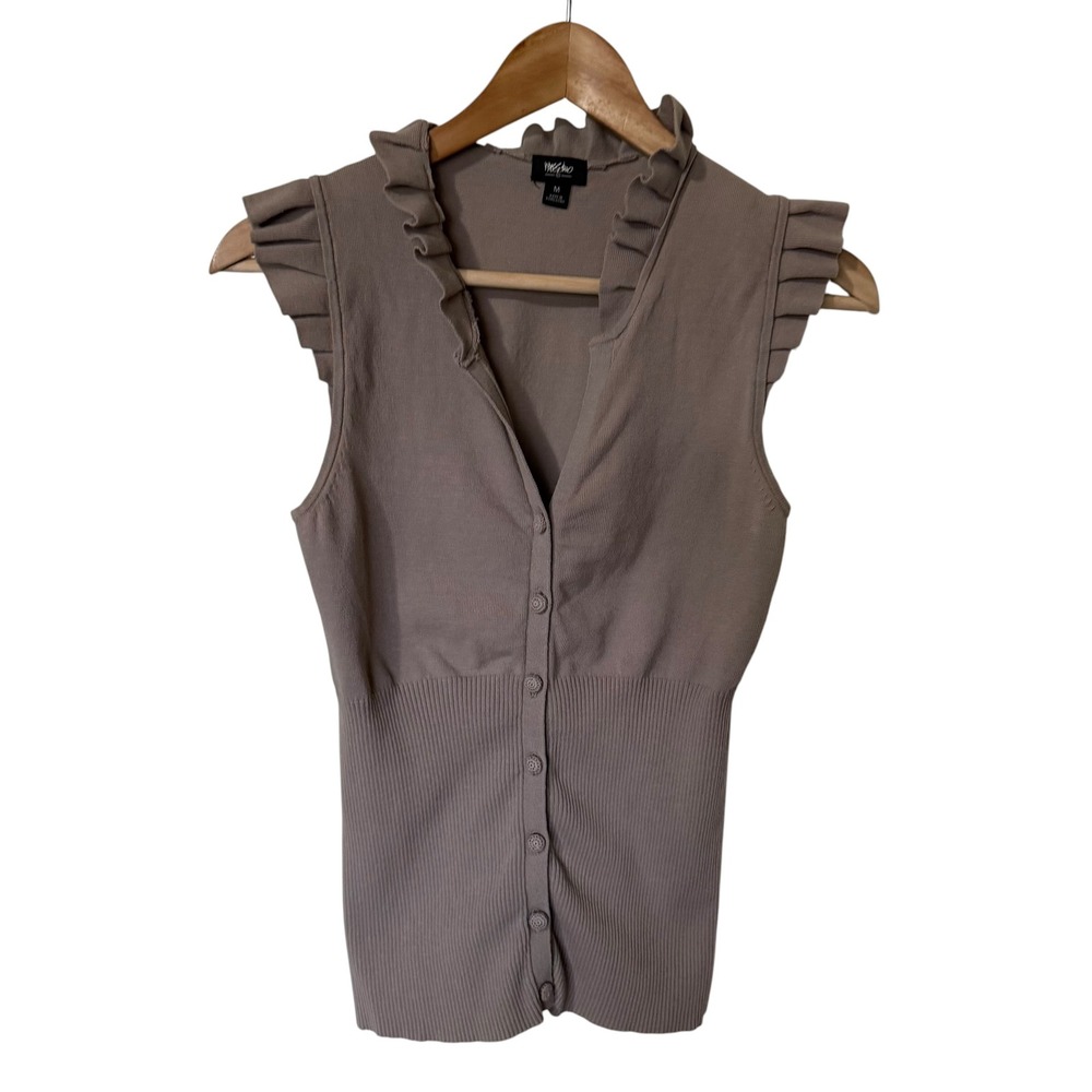 Mossimo Ruffle Knit Top Women Medium Taupe Exc.β Button Front Ribbed Cap Slee